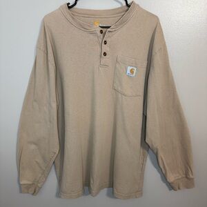 Carhartt Tan Khaki Long Sleeve Henley Shirt Cabincore Rugged Outdoor Mens L